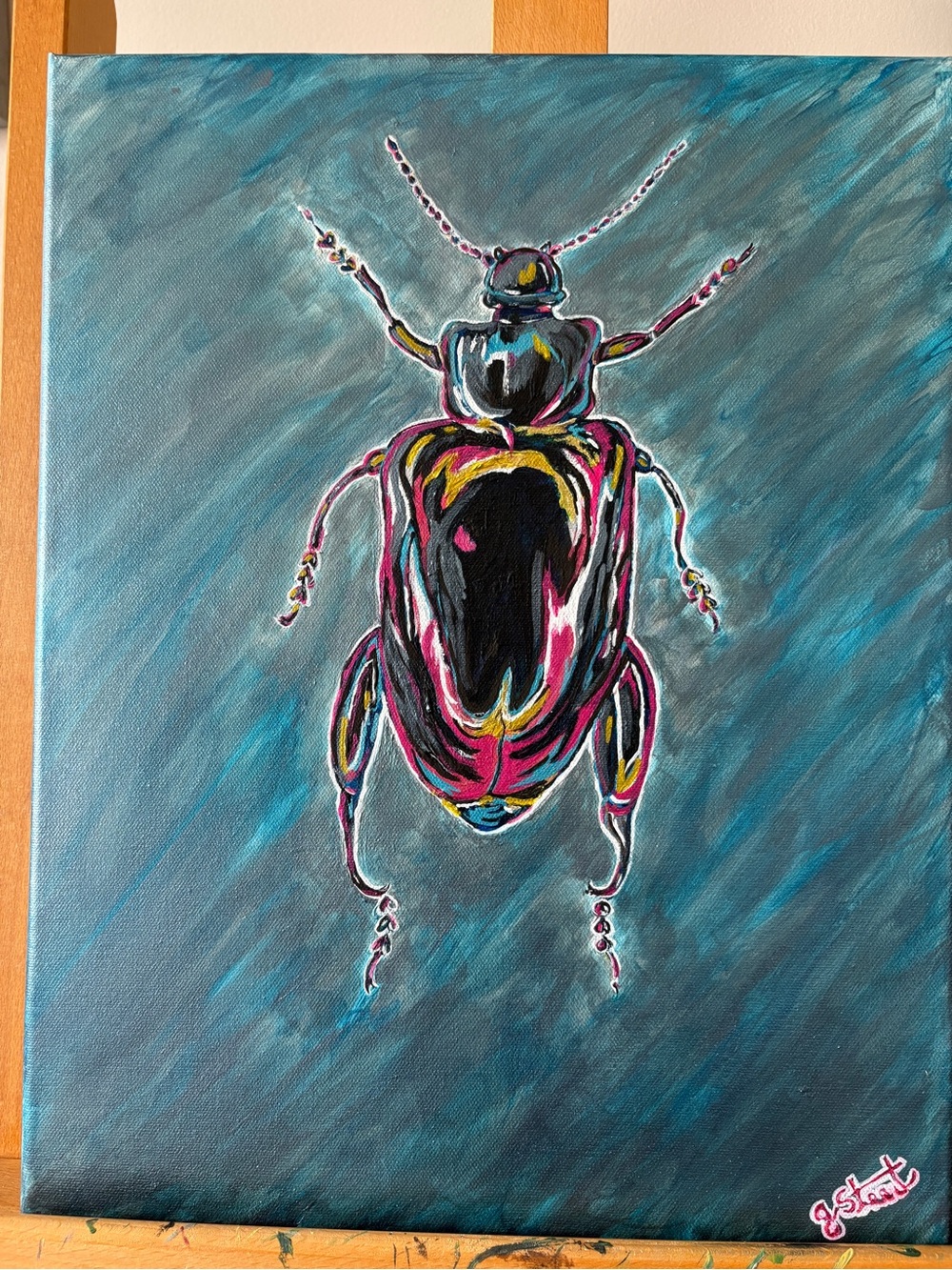 Original Colorful Beetle Canvas Art - Blue, Pink & Black